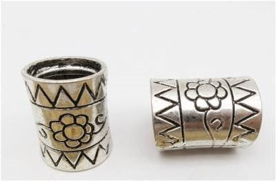 Two Dreadz Silver Metal Flower Tube Dreadlock Hair Beads 10mm Hole, one shown standing on its end, the second on its side against plain background