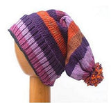 Dreadz Fair Trade Long Slouchy Striped Fleece Lined Beanie Bobble Hat (Si-12) displayed on wooden mannequin's head against white background