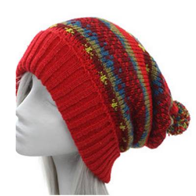 Dreadz Fair Trade Long Slouchy Colourful Fleece Lined Beanie Bobble Hat (Si-13) displayed on white coloured female mannequin's head against white background