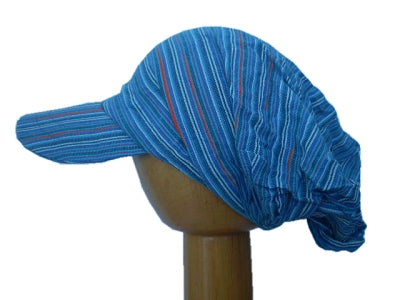Fair Trade Cotton Peak Brim Open Back Beanie Hat (Aqua Stripes)