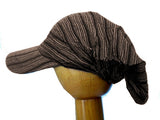 Fair Trade Cotton Peak Brim Open Back Beanie Hat (Black/Grey Stripes)