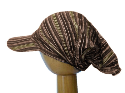 Fair Trade Cotton Peak Brim Open Back Beanie Hat (Brown Stripes)