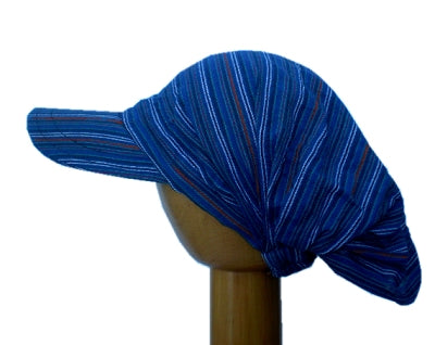 Fair Trade Cotton Peak Brim Open Back Beanie Hat (Dark Blue Stripes)