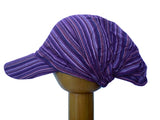 Fair Trade Cotton Peak Brim Open Back Beanie Hat (Purple Stripes)