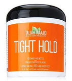Face of 177 millilitre white coloured tub of Taliah Waajid Tight Hold firm hold hair locking product shown against white background.